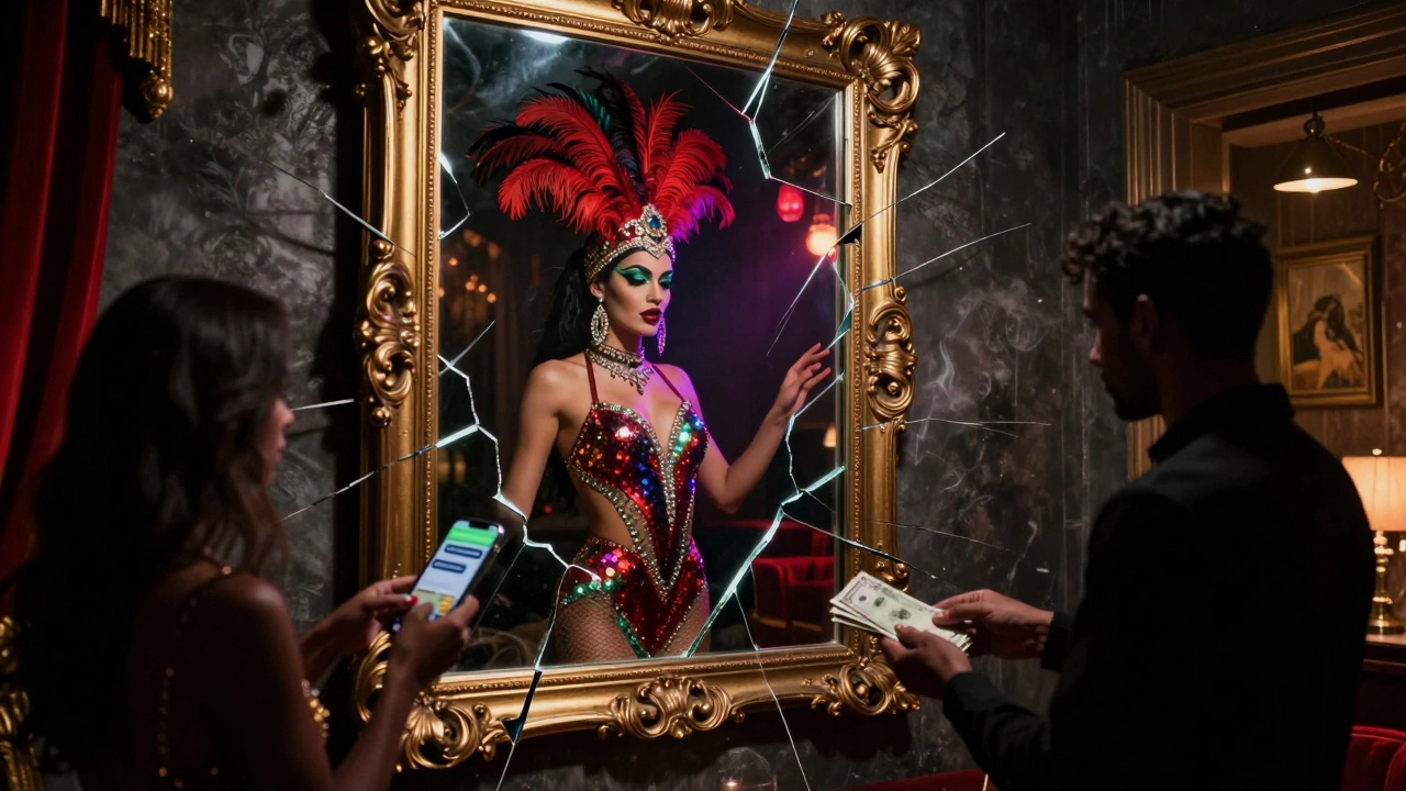 A fractured mirror showing a cabaret performer above shadowy figures exchanging money in hidden scenes.